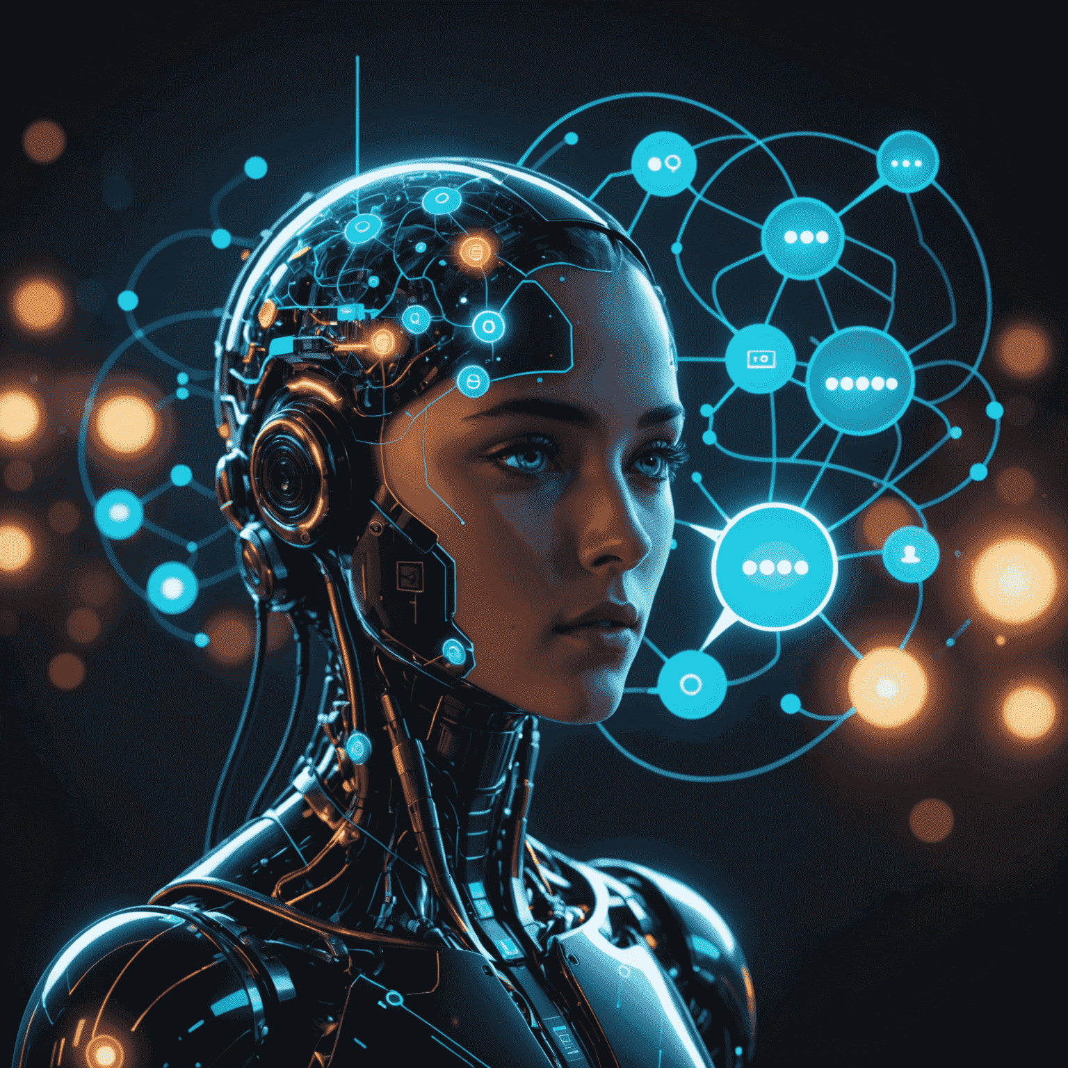 Futuristic AI chatbot interface with multiple conversation bubbles and a glowing neural network in the background