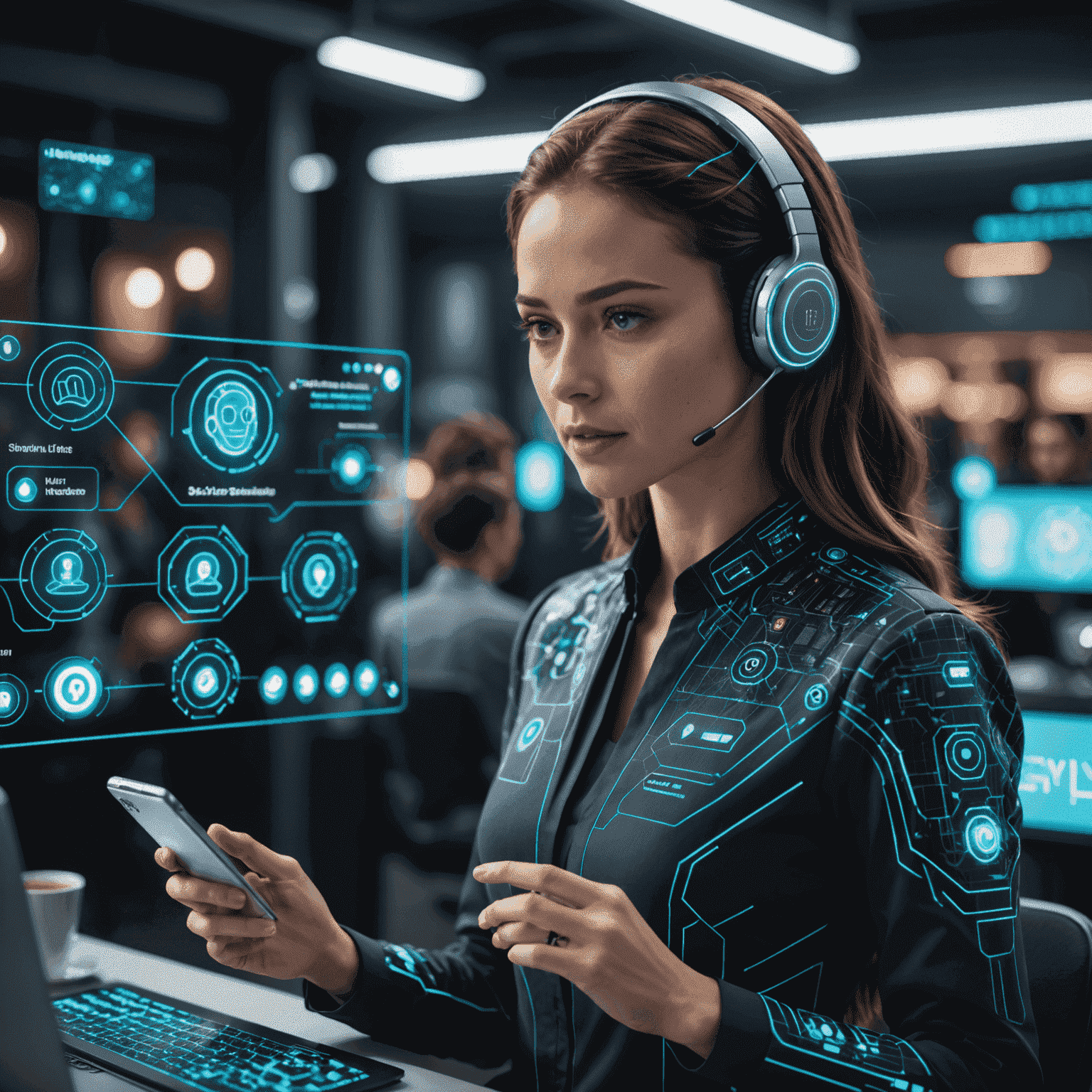 Futuristic AI chatbot interface with holographic display showing various customer service scenarios, demonstrating the advanced capabilities of AI in handling complex customer inquiries