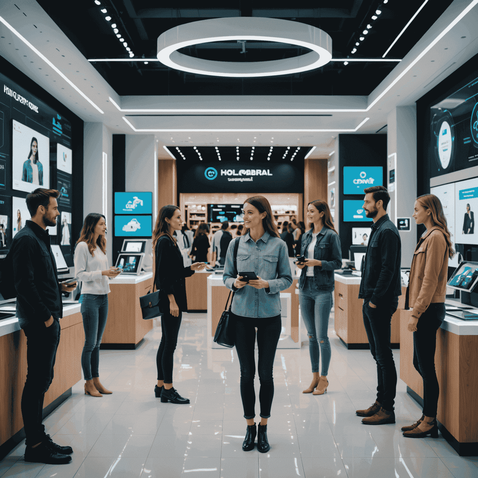 Futuristic retail environment with holographic displays and AI assistants helping customers, showcasing the integration of conversational AI in modern shopping experiences