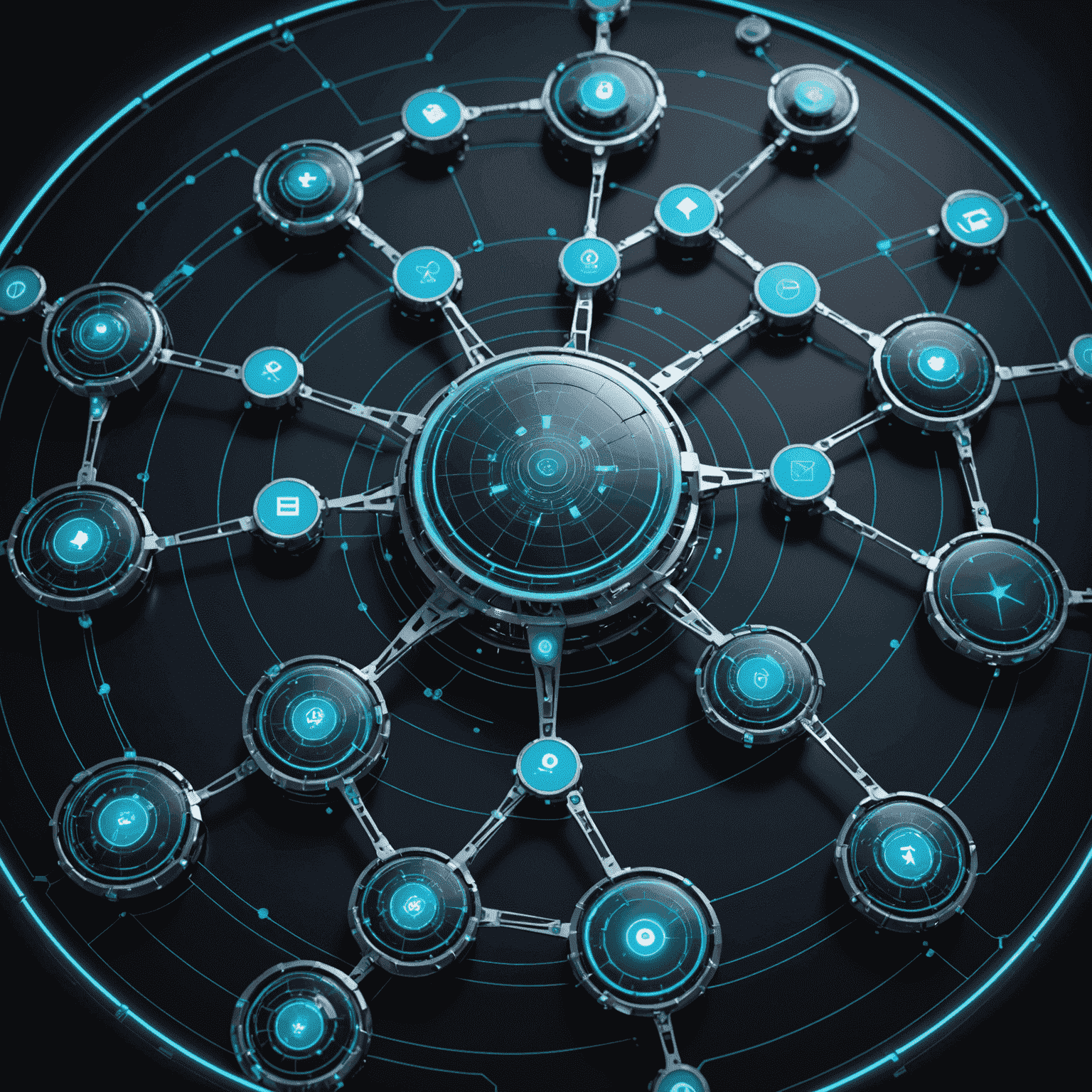Futuristic visualization of an automated support system with interconnected nodes representing various touchpoints and a central AI core