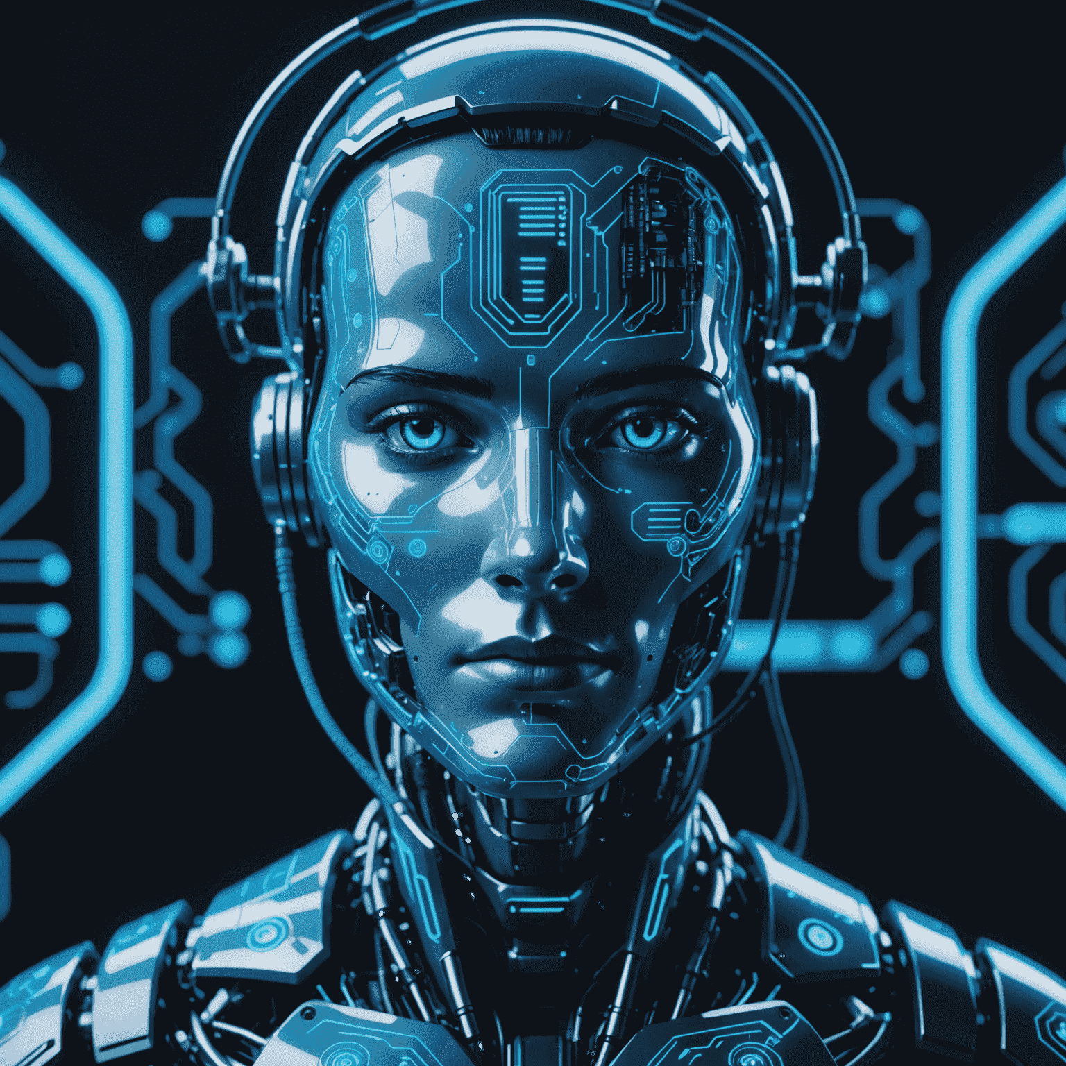 A futuristic AI chatbot interface with glowing blue circuits and a digital face, representing cutting-edge AI chatbot solutions