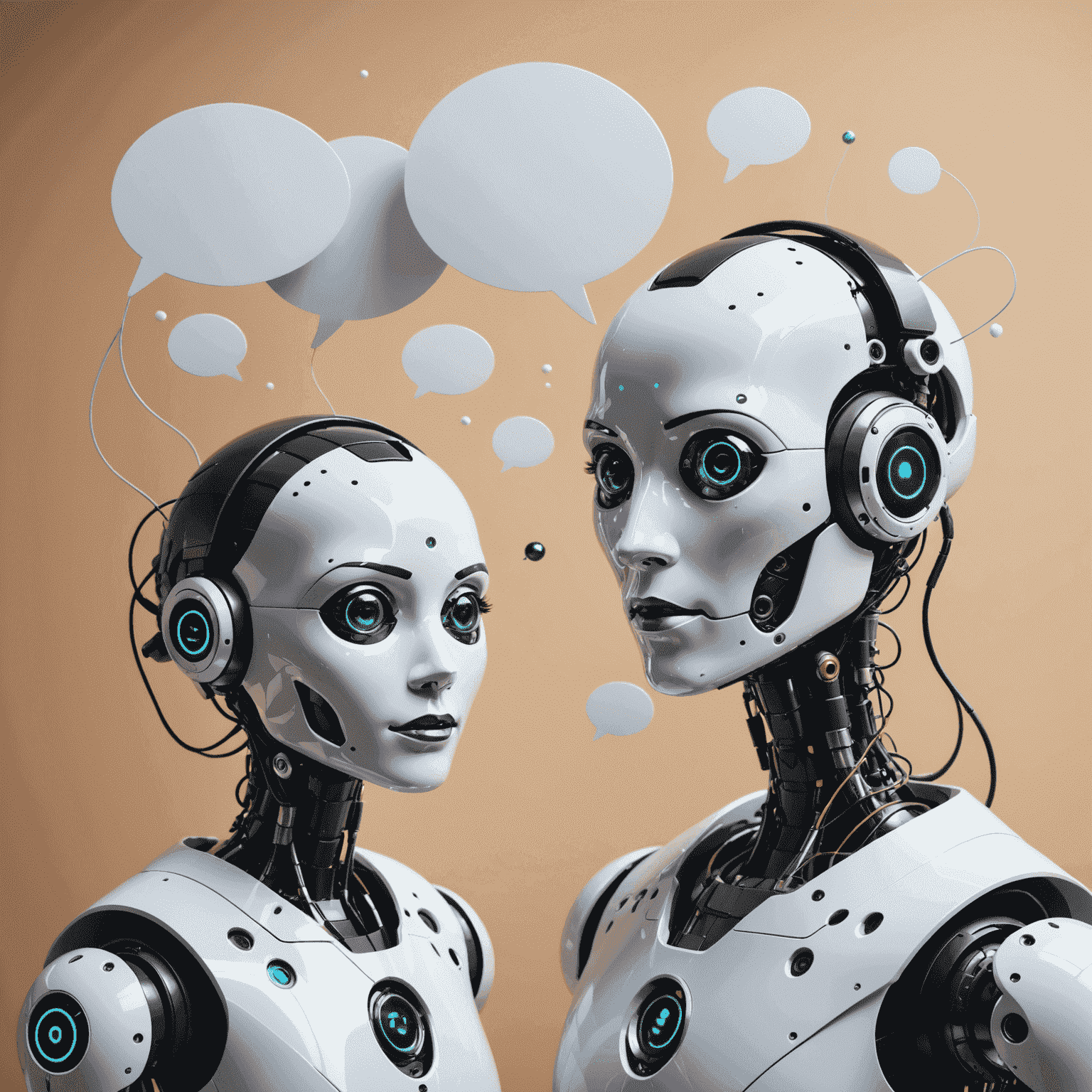 Illustration of an AI-powered conversation with floating chat bubbles and a stylized robot face
