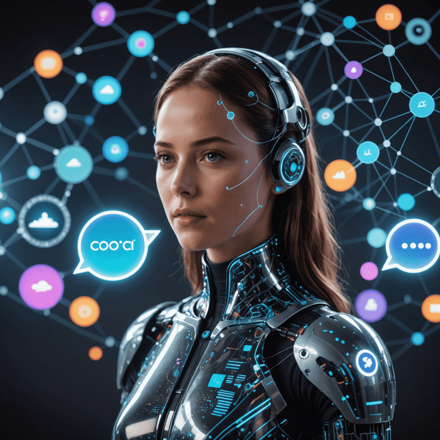 A futuristic representation of conversational AI, showing a holographic interface with chat bubbles and an AI avatar. The image illustrates the seamless interaction between humans and AI, with flowing data streams and neural network patterns in the background.