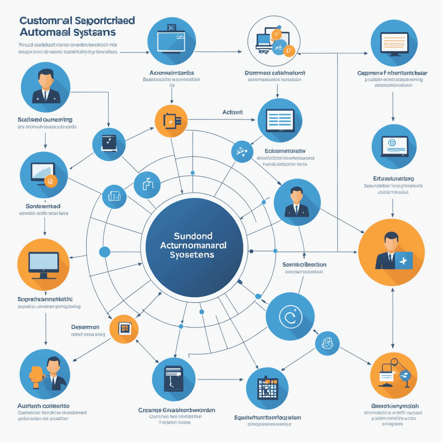Diagram showing the workflow of automated support systems, including AI analysis, customer interaction, and issue resolution