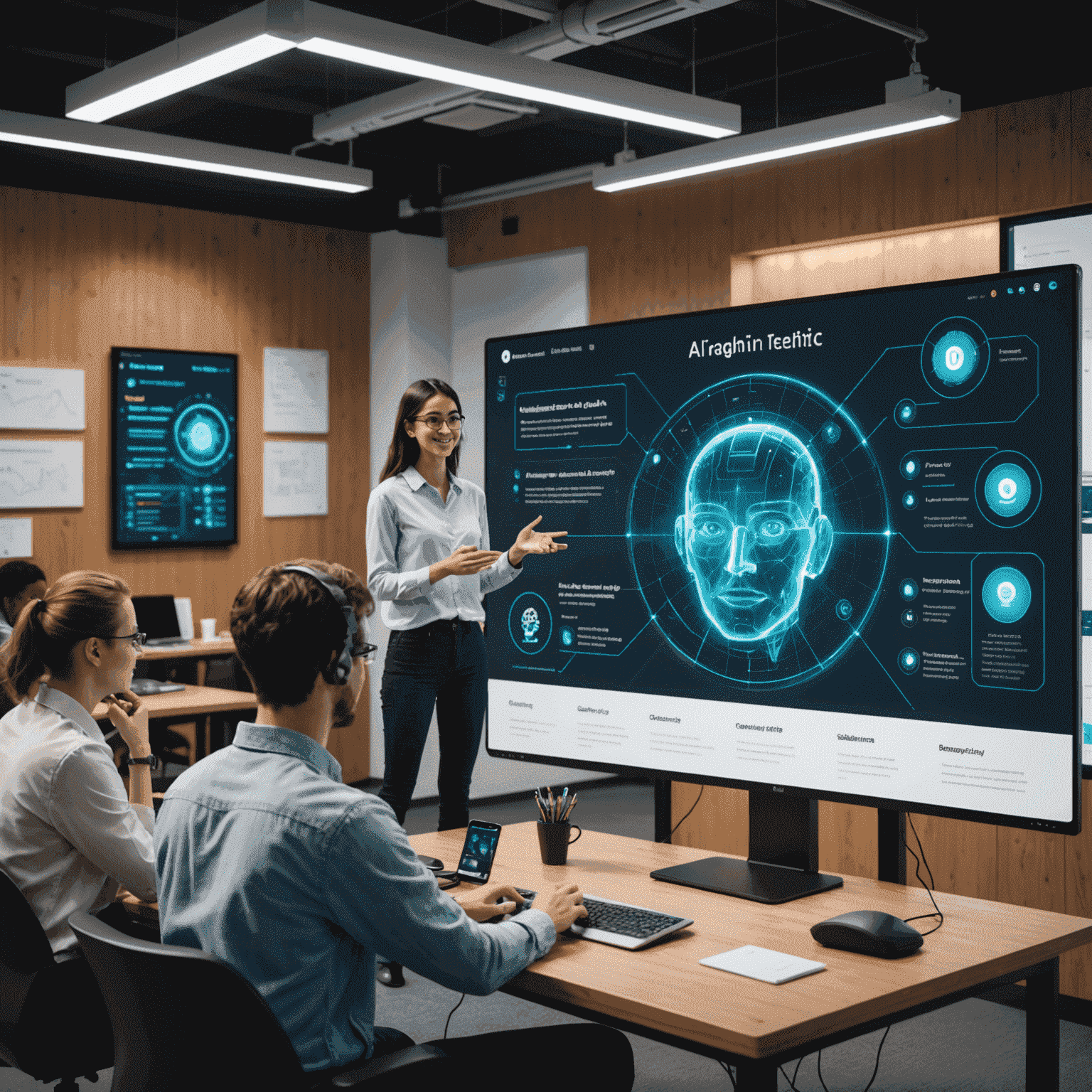 A futuristic classroom setting with holographic displays showing AI algorithms and chatbot interfaces. Students are interacting with AI-powered devices while an instructor points to a large screen displaying customer service analytics.