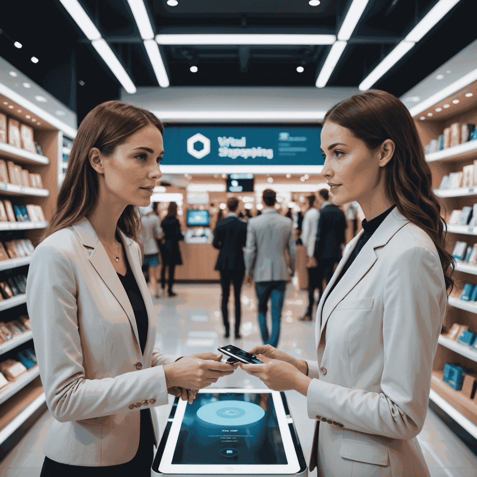 Virtual shopping assistant helping a customer with product recommendations in a futuristic retail environment