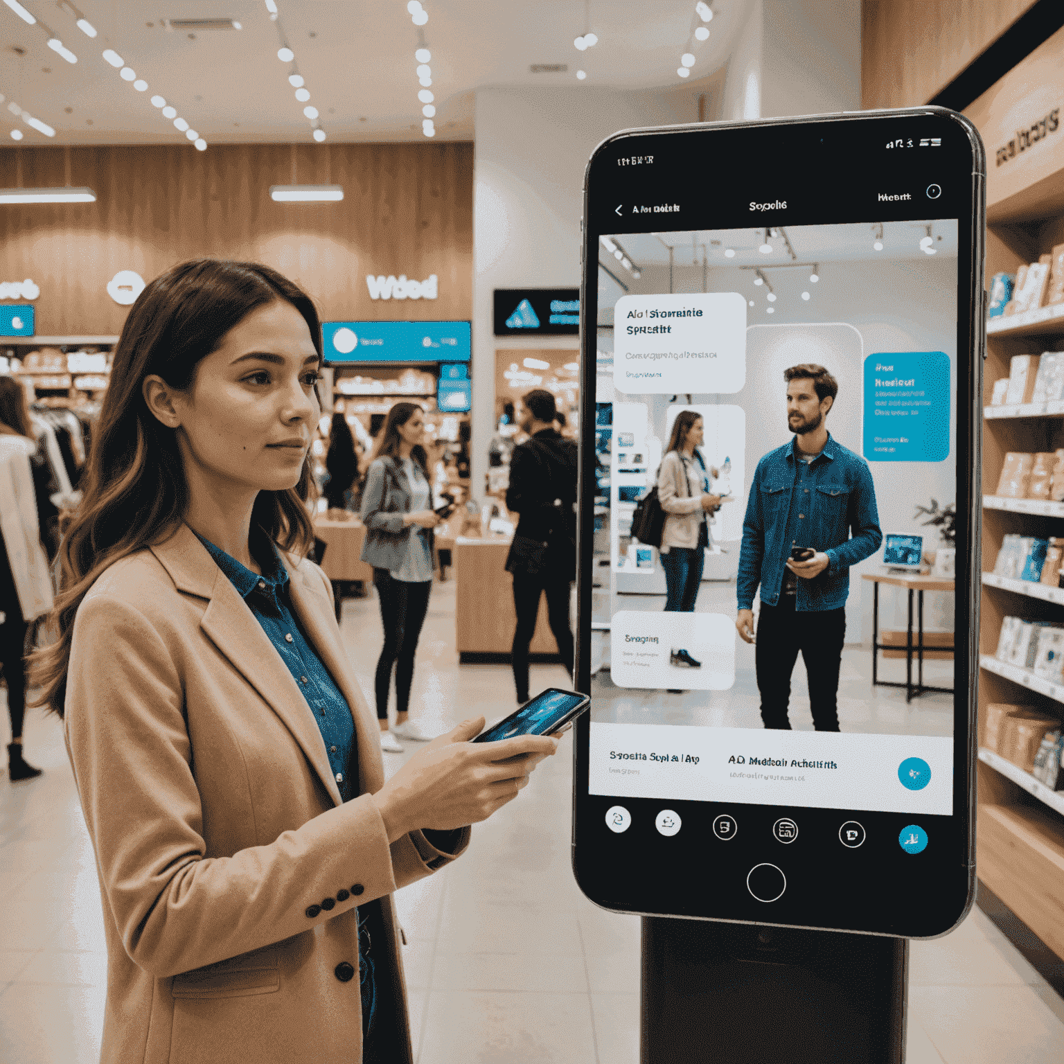 A split-screen image showing a customer interacting with a mobile app featuring an AI shopping assistant on one side, and the same customer in a physical store being guided by a holographic AI helper on the other, illustrating the seamless integration of conversational AI across digital and physical retail spaces