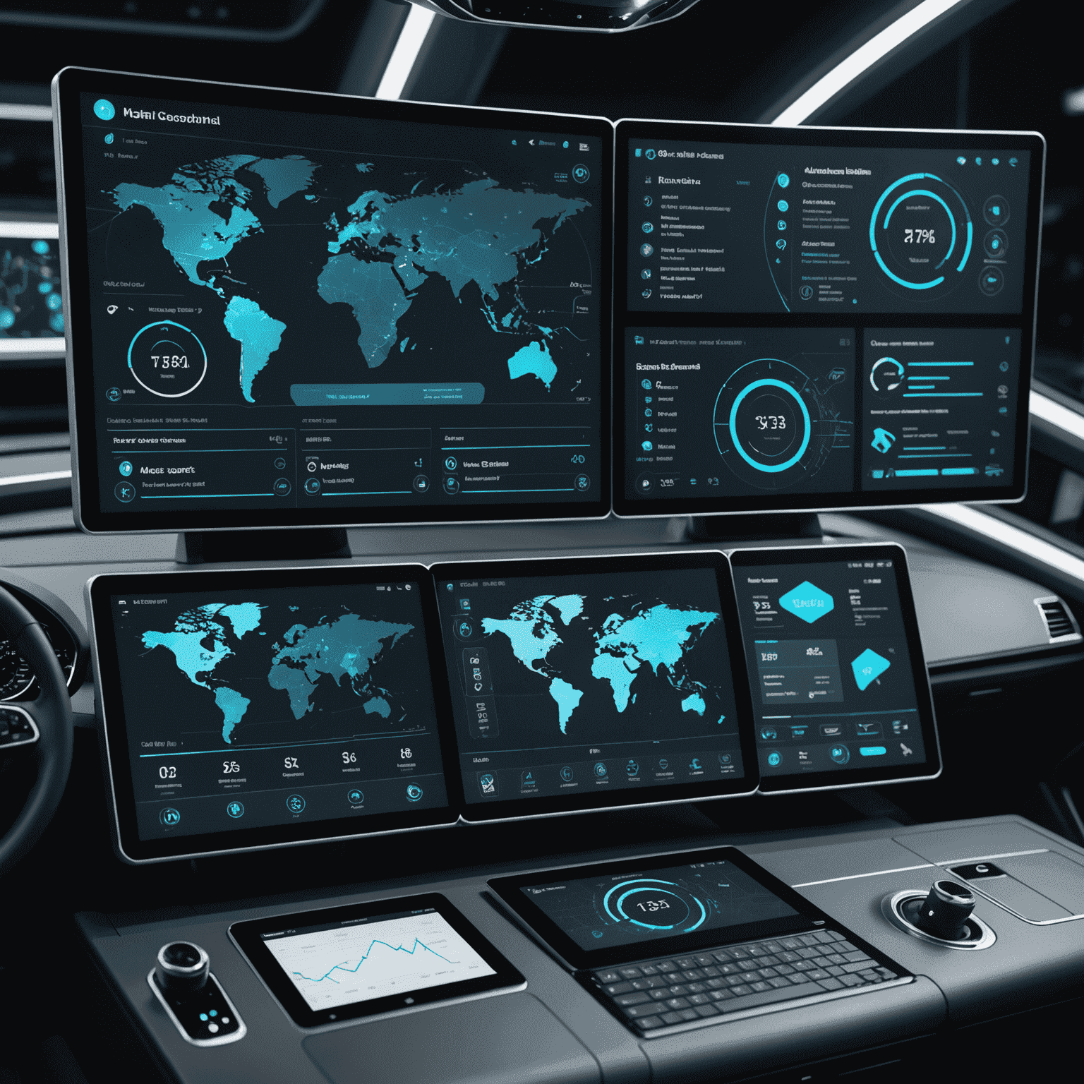 A futuristic dashboard with multiple screens showing automated support systems in action, with real-time analytics and customer queries being resolved