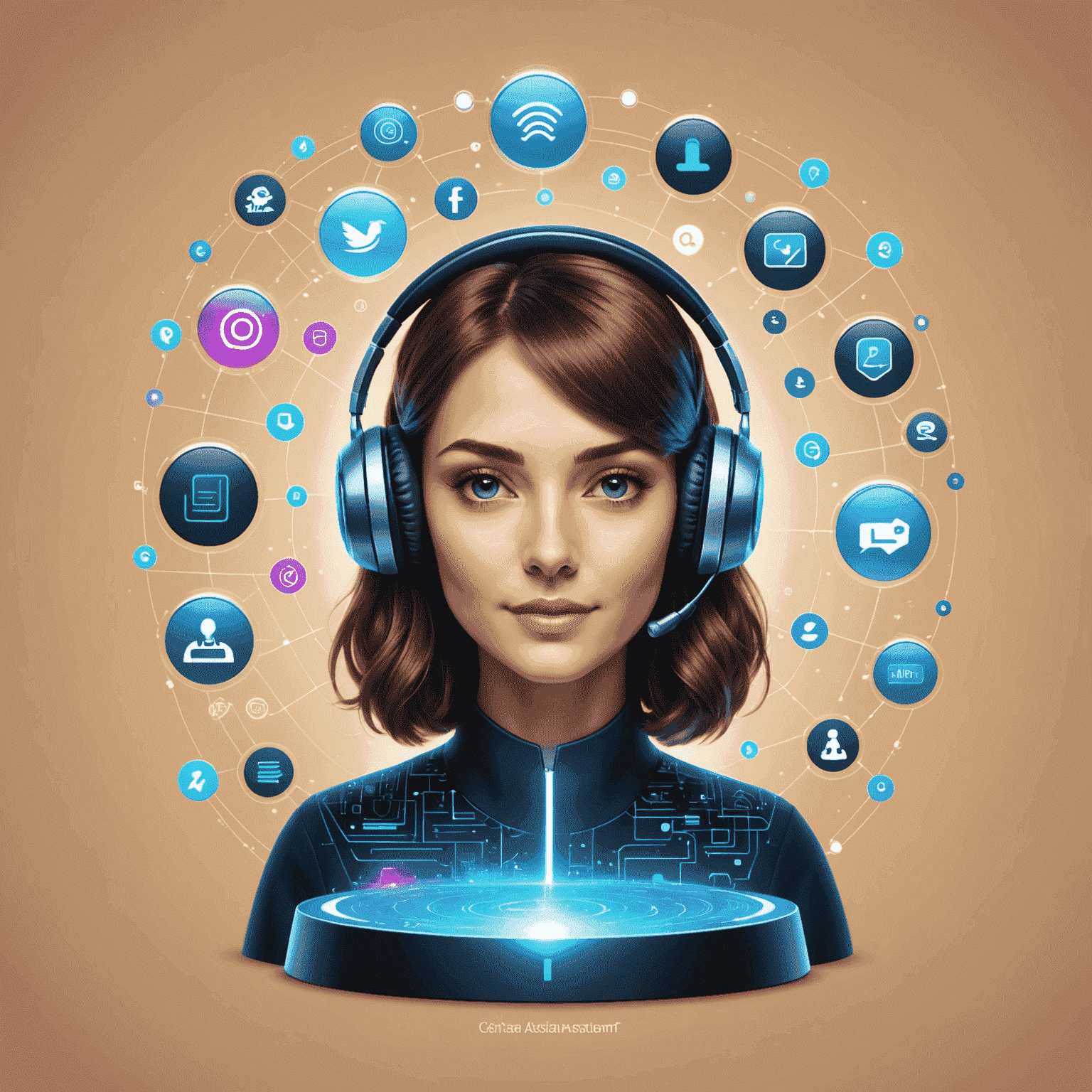 Illustration of a virtual assistant icon integrating with various platform logos, surrounded by holographic interface elements