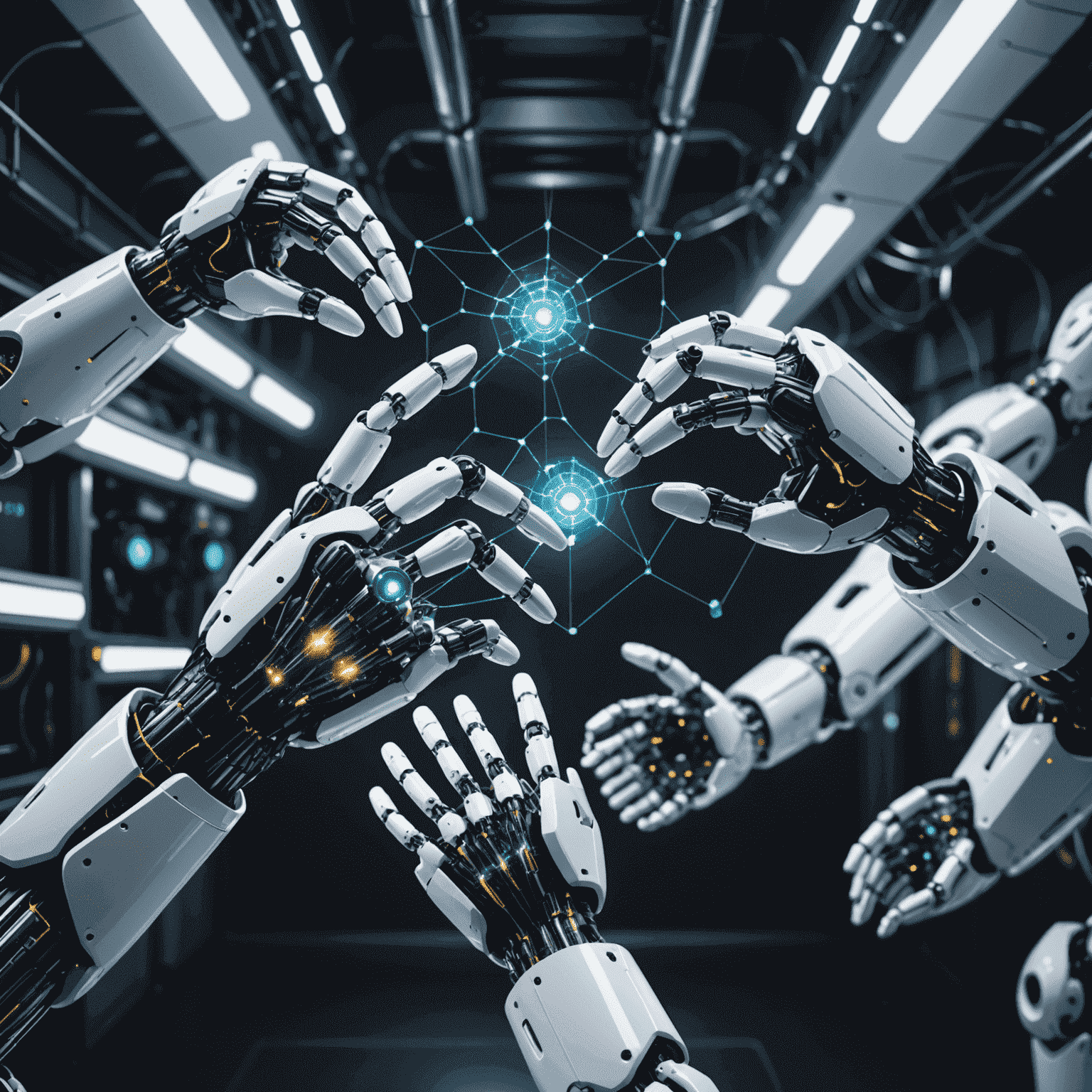 A visual representation of AI integration, showing robotic arms connecting various platforms and systems with glowing data streams