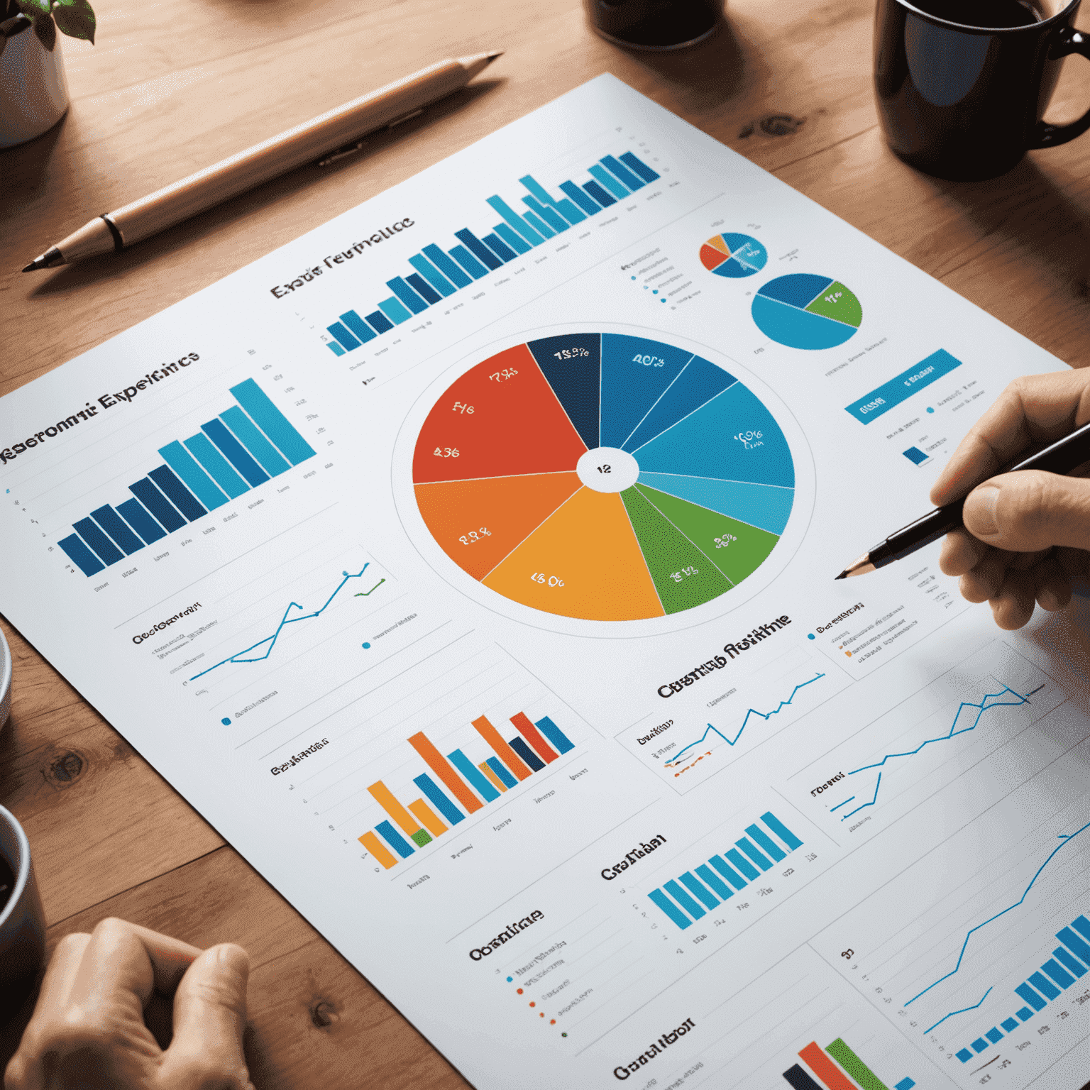 Data visualization of customer experience metrics with upward trending graphs and AI analysis overlays
