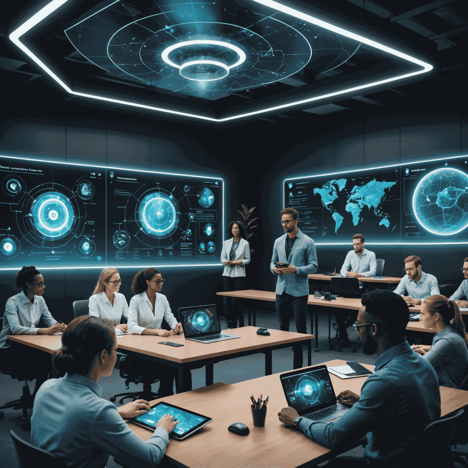 A futuristic classroom setting with holographic displays showing AI concepts, and a diverse group of professionals engaged in learning