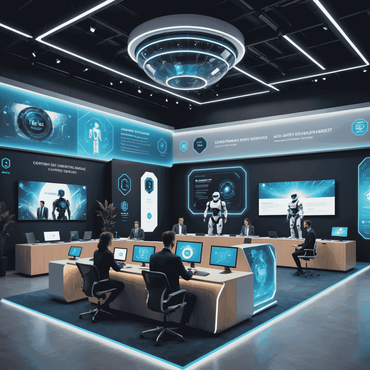 Banner for AI-Driven Customer Service & Chatbot Expo 2025 showing futuristic conference hall with holographic displays and robot assistants
